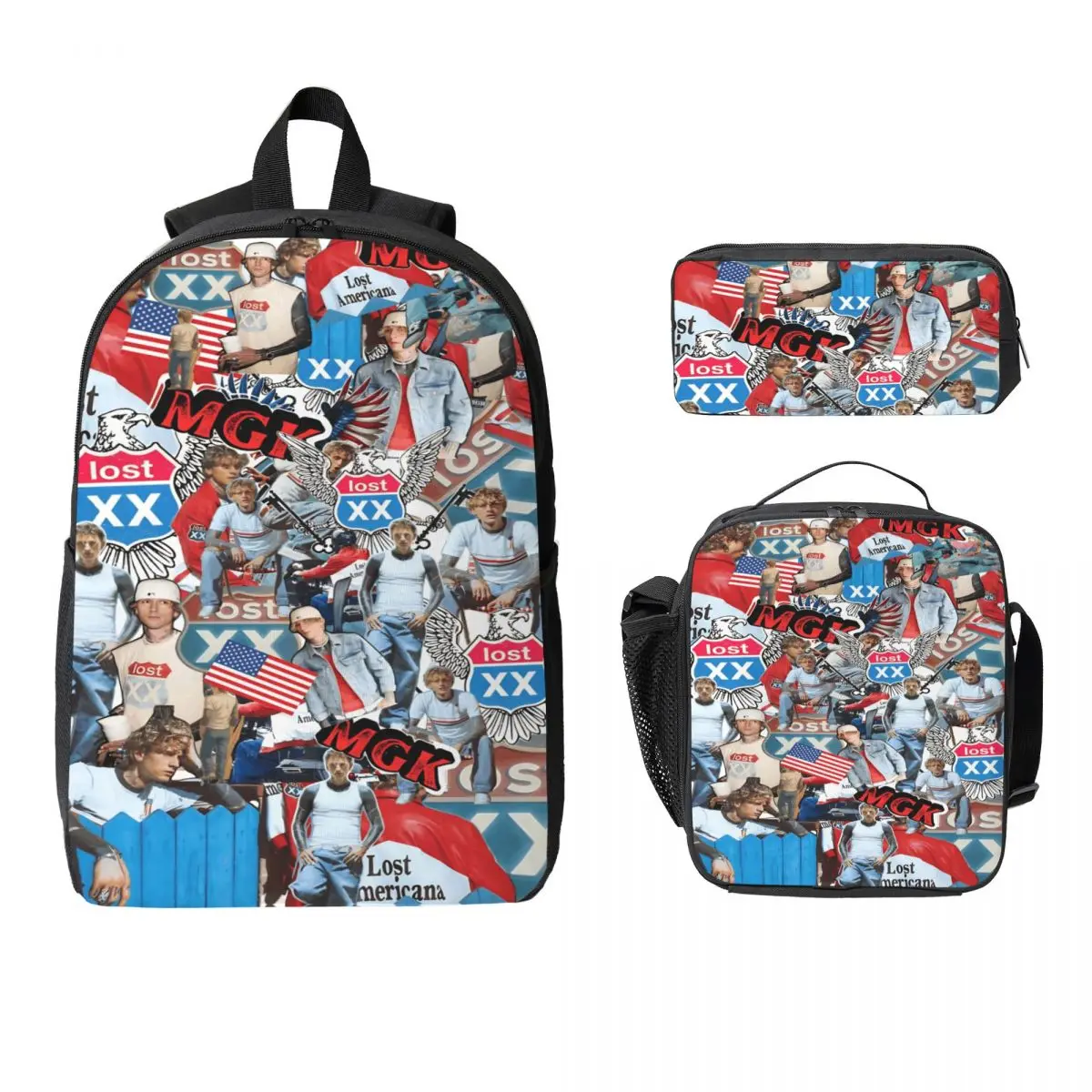 MGK Lost Americana Tour merch Backpack Set for Kids Pencil Boxes Bookbag Sets with Lunch Box For School Students Daypack 1