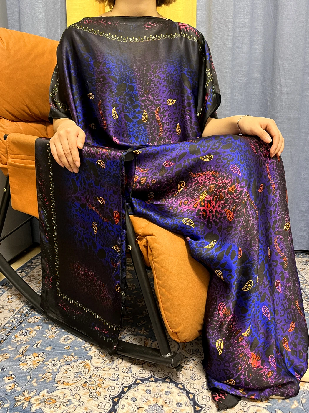 Muslim Fashion Abayas For Women 2023 Purple Print Short Sleeve Silk Jilbab African Traditional Summer Woman Dresses With Turban