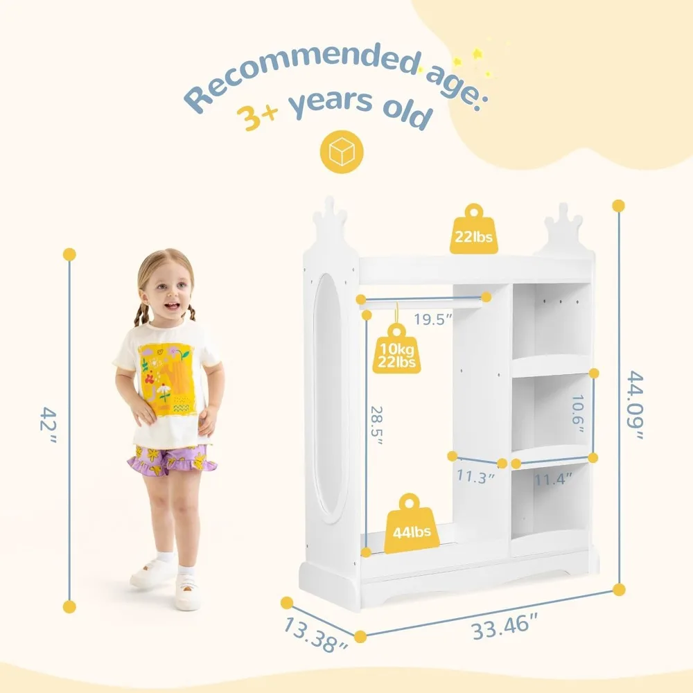 Kids Dress Up Storage with Mirror & 3 Hooks, Kids Closet with Armoire Costume Organizer for Bedroom 6
