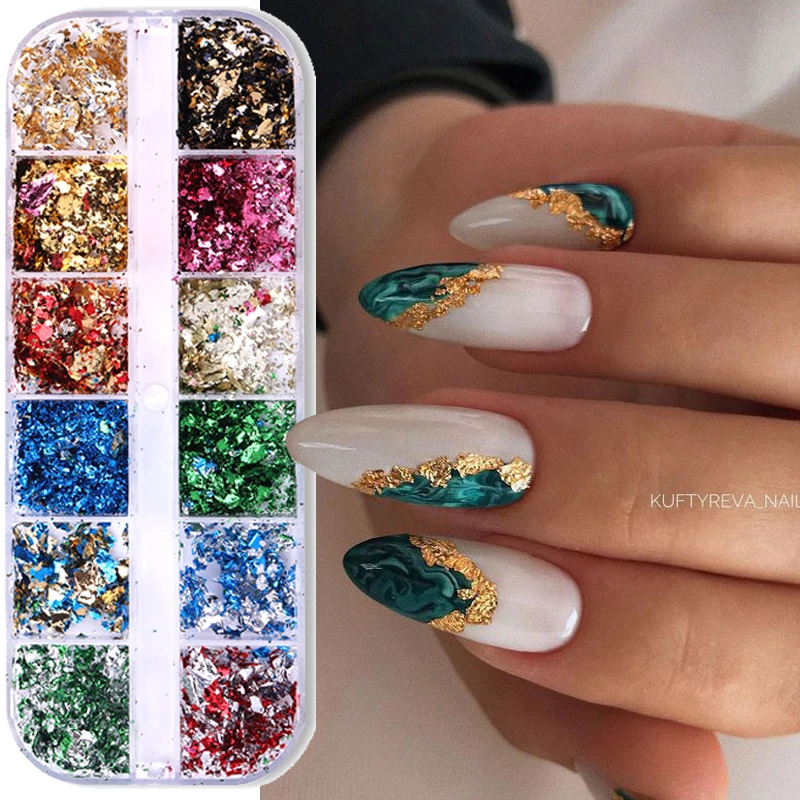 12 color gold foils Nails glitter random aluminum flakes paillette chip Nail design shinny sparkles Nail art decoration