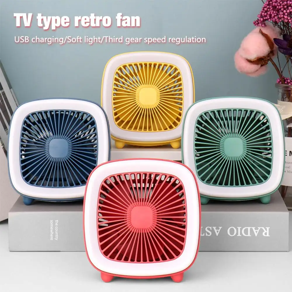 

USB Rechargeable Retro Style Cool Mini Fan TV Type Fan with LED Light Desktop Table Summer 3 Speeds Fan