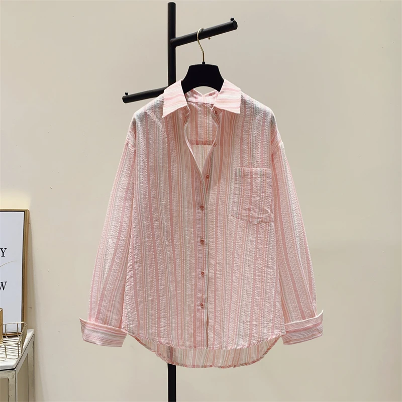 Korean Fashion Shirts for Women 2024 Summer New Loose Polo-Neck Shirt Long Sleeve Blouse OL Women's Clothing Folds Striped Tops