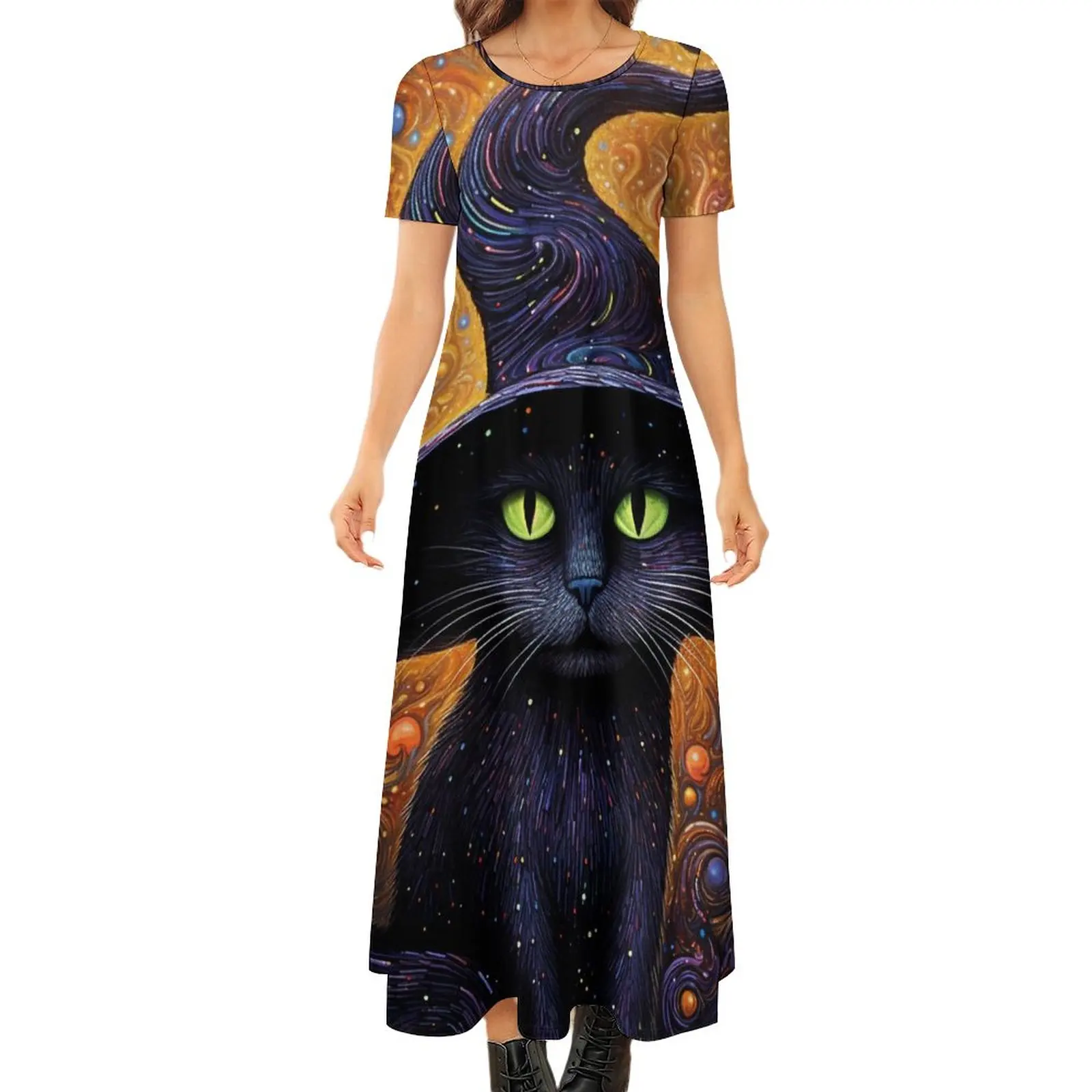 

Hot Sale Dresses For Summer New Women Halloween Cat Print Dress Casual Elegant O-Neck Short Sleeve Loose Ladies Maxi Dress
