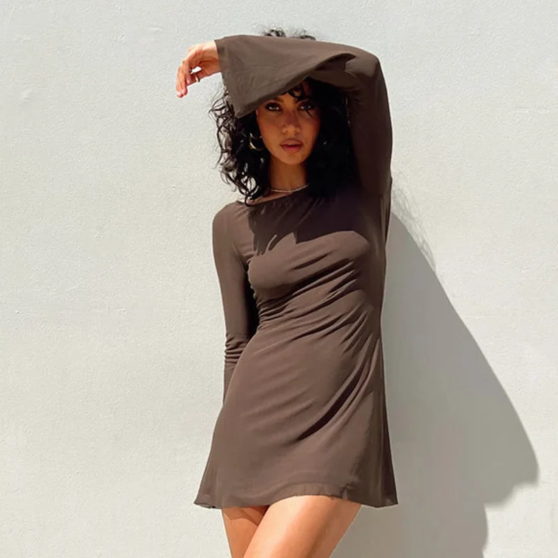 Mesh Backless Fashion Dress For Women Sexy Long Sleeve Lace-Up Slim Patchwork Bandage Dress Women's Solid Autumn Dress New