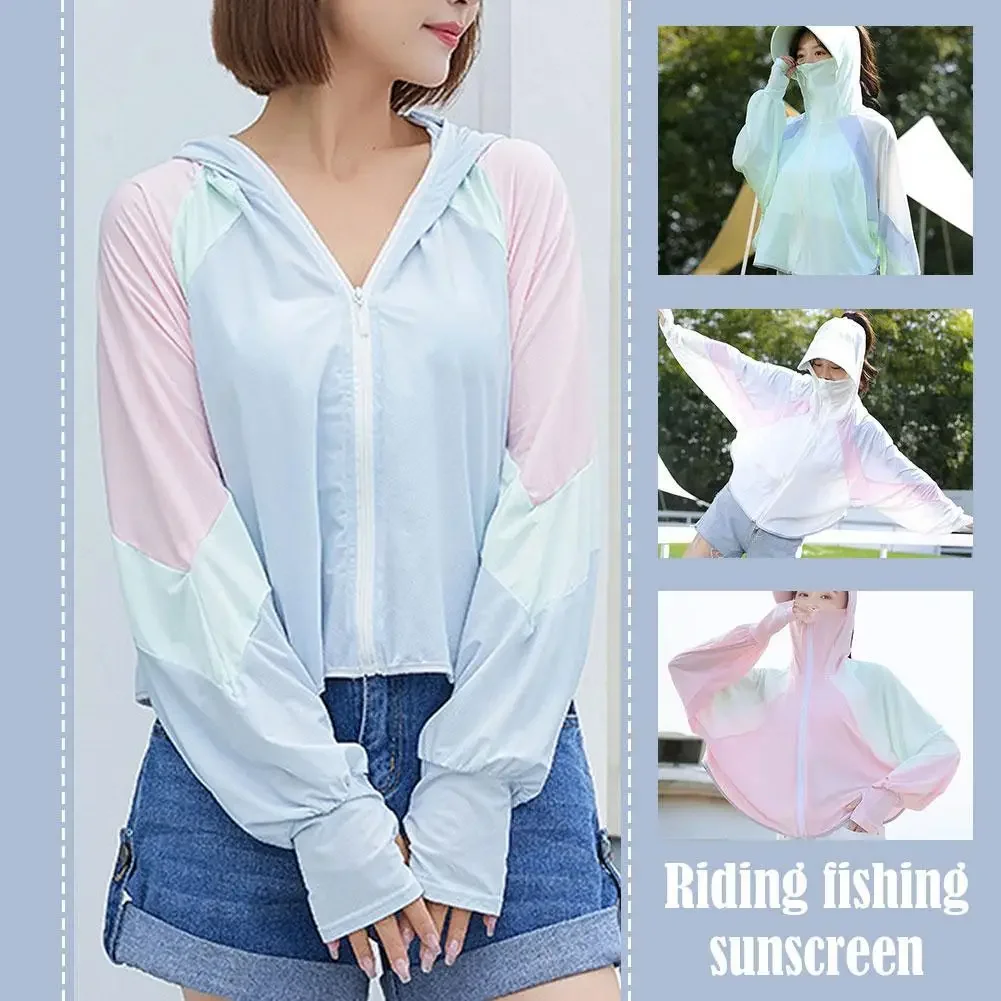 Sun-Protective Clothing Jacket Women Contrast Color Sun Hat Hooded Coat for Summer Lady Long Sleeve Clothing Breathable Veil