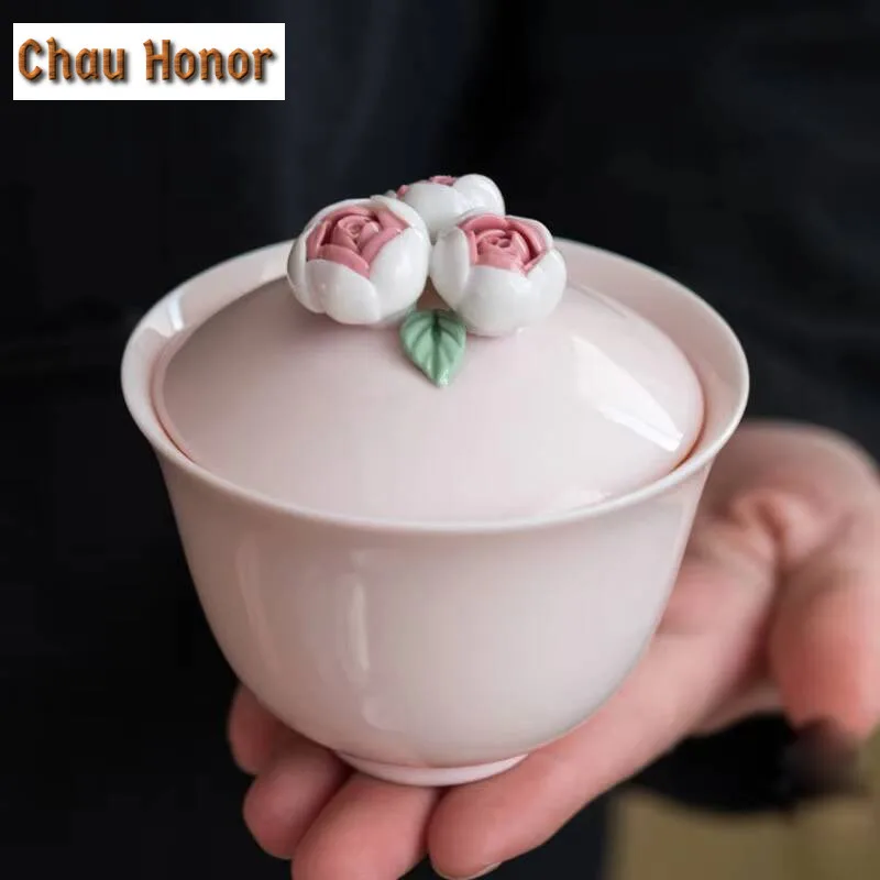 100ml Jade Mud Powder Hand Pinching Flowers Sancai Covered Bowl Ceramic Household Tea Bowl Kung Fu Tea Set Infuser Accessories