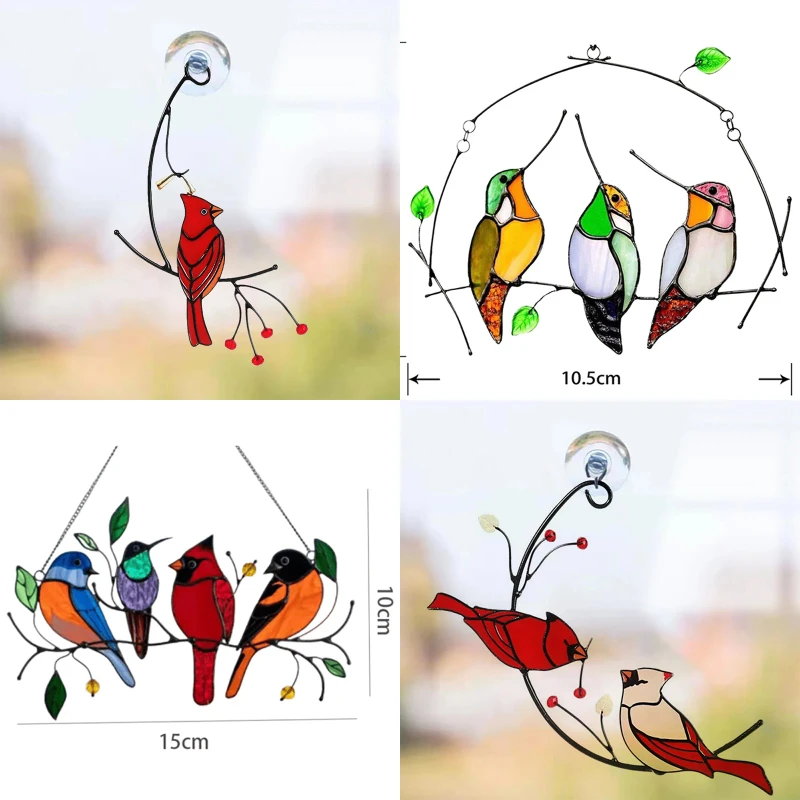 Cardinal Birds Stained Window Panel Hangings Birds Hanging On A Wire On Branch Room Decoration Accessories For Mother’s Day Gift