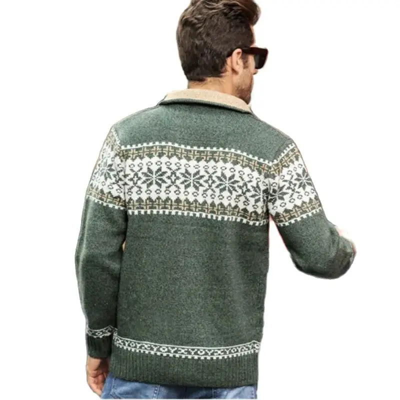 Winter Men's Jacquard Sweater Coat Christmas Snowflake Print Knitted Cardigan Turtleneck Full Zip Casual Warm Wool Sweater 5XL