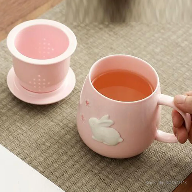 Pink Embossed Rabbit Ceramic Mug with Lid Filter, Office Cup, Household, Study, Living Room Supplies, Tea Water Separation