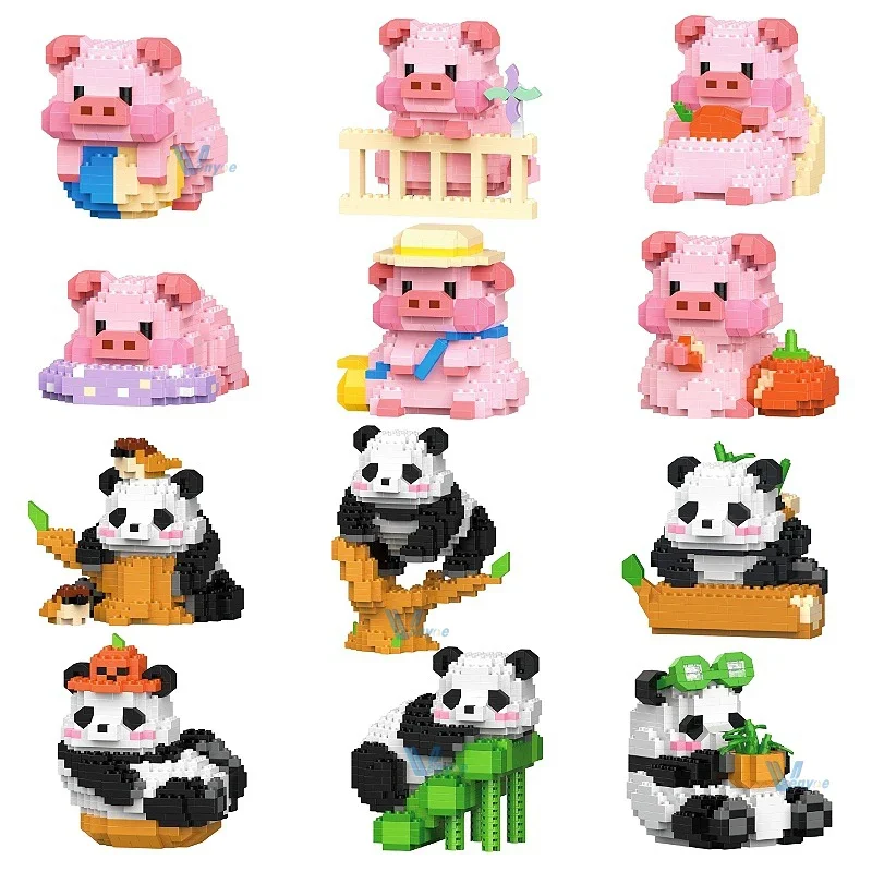 

Kawaii Cartoon Pink Piglet Micro Building Blocks Naughty Panda Figures Assembled Animal Model Mini Brick Toys For Kid Santa Gift