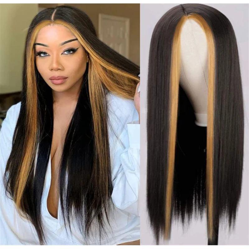 

Black Wig with Golden Brown Long Straight Synthetic Cosplay Hair Wigs for Women Daily Natural Heat Resistant Fibre Wig