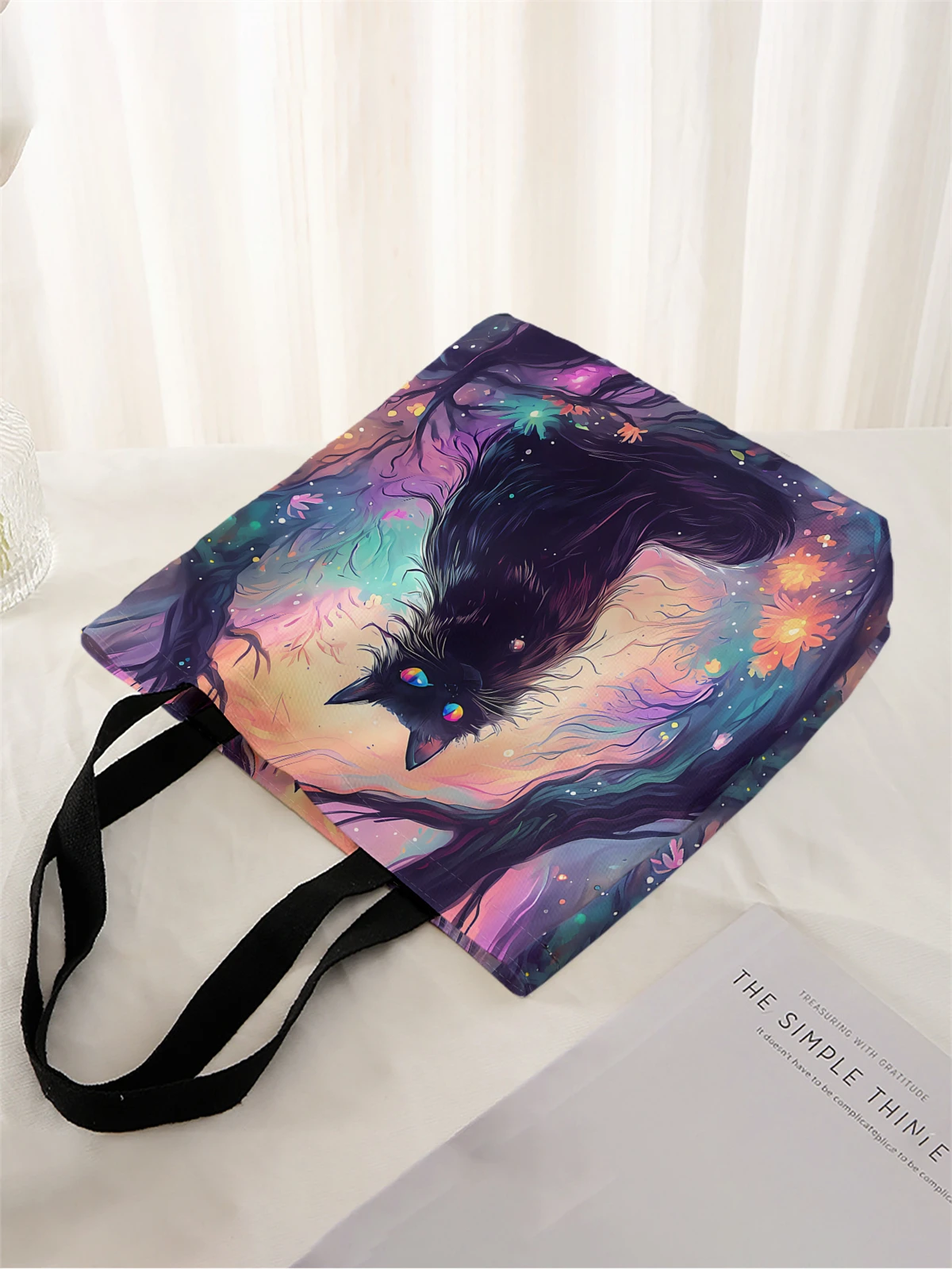 1pc,Black Forest cat handbag, reusable fashionable handbag, multifunctional handbag, printed canvas shopping bag