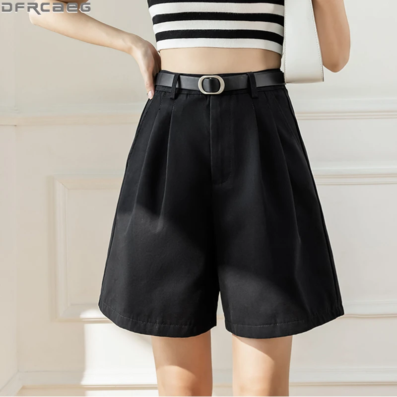 

2023 Summer Loose Wide Leg Shorts Women Casual Streetwear Short Femme New Boyfriend Bermuda Feminina Sashes Beige Black Shorts