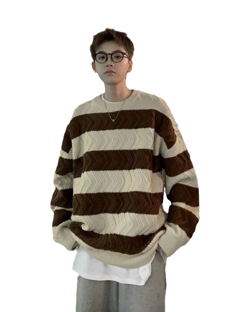 Pullover Striped Round Neck Sweater Men's Spring Autumn and Winter Loose Casual Outerwear Inner Wear Base Knitwear Coat Fashion