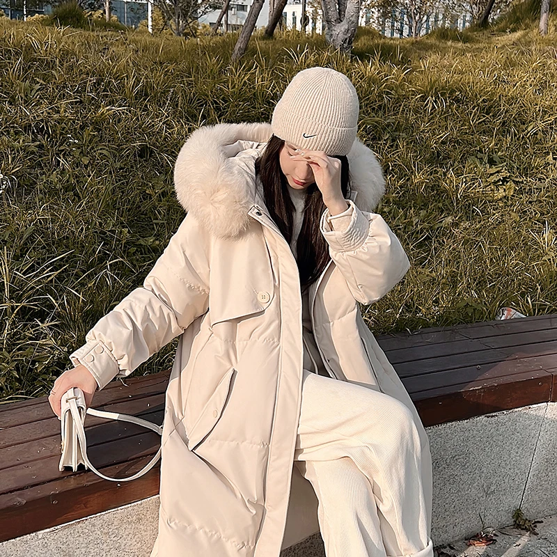 

North Island Snow Domain Big Fur Collar Hooded Long Down Jacket New Korean Version Cotton Warm Jacket