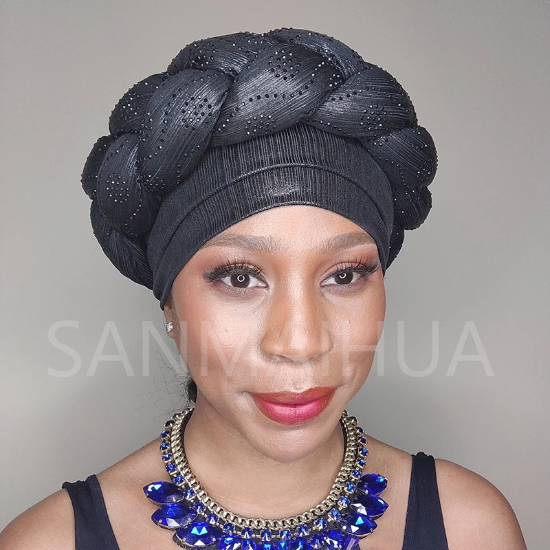 

2022 New African Headtie Braided Head Wrap Nigerian Gele Turban Caps Woman Stylish Pretied Headwraps Hijab Bonnet Indian Hat
