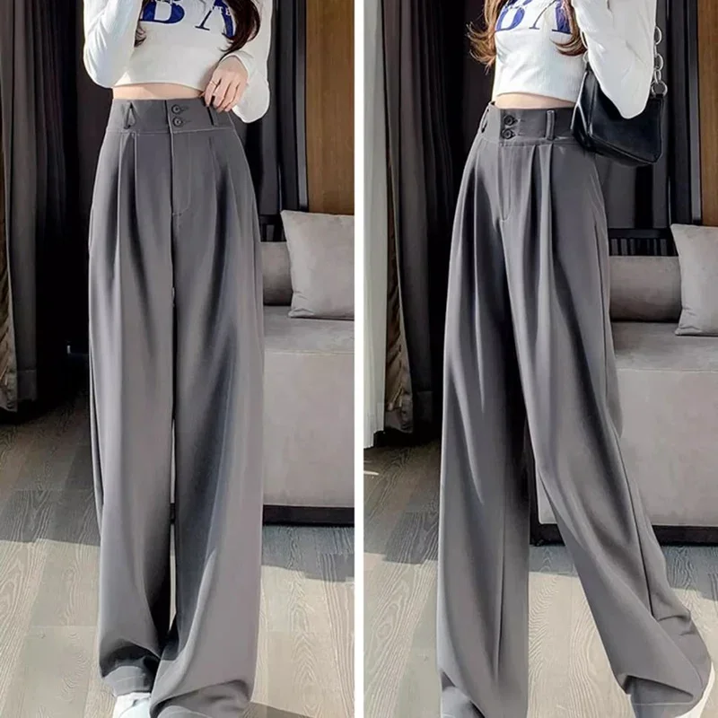 2025, weibliche Hohe Taille Breite Bein Hosen Frühling Frauen Concise Mode Anzug Hosen Dame Chic Koreanische Designer Einfarbig Hosen – Detail 9