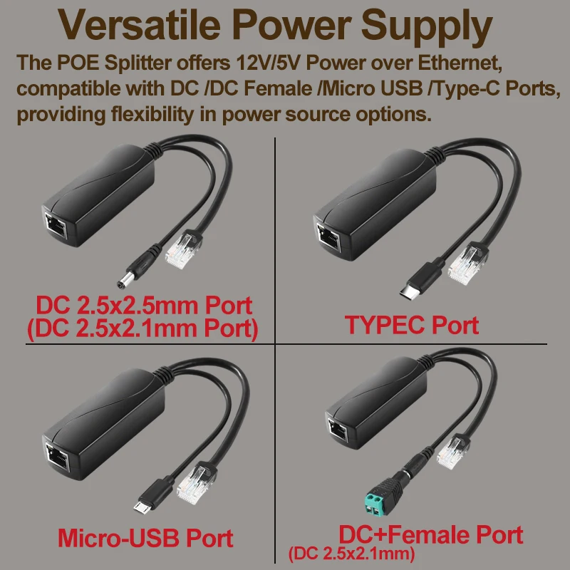 POE 분배기 2.5기가비트 IEEE 802.3af/at/bt 규격 준수 IP 카메라 및 라즈베리용 48V에서 12V/5V까지의 이더넷을 통한 전원 공급