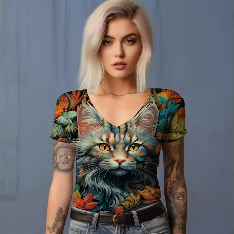 

Cat 3D Printed T-shirt Street Gothic T-shirt Women's Fashion Classic V-neck T-shirt Summer New Short Sleeve T-shirt
