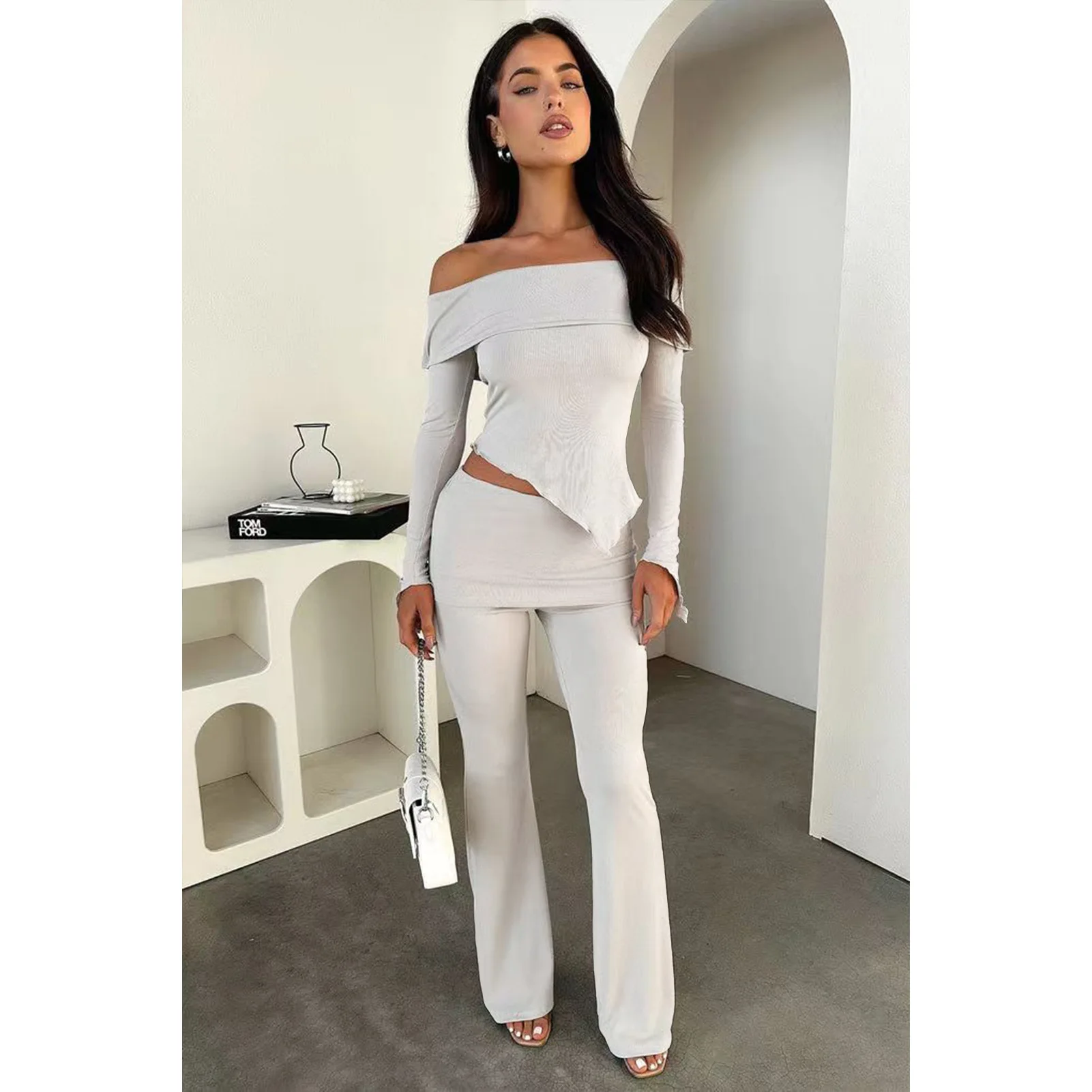 

Knit Women's Set Pit Stripe Irregular Off Shoulder Sexy Long Sleeve T-shit Flare Pants 2023 Fall Party Two 2 Piece Set Outfit