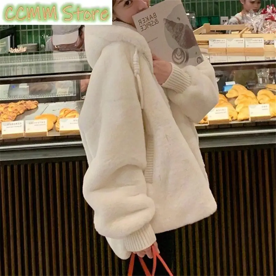 New Imitation Lambwool Outwear Top White Coat Warm Furry Overcoat Casual Winter Hooded Faux Rabbit Fur Plush Women Jacket