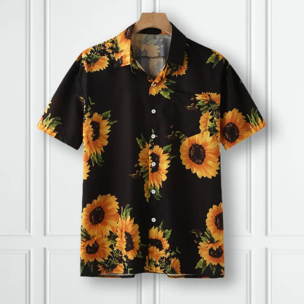 

Men Sunflower Print Shirts Summer Colorful Short Sleeve Loose Button Shirts Casual Hawaiian Shirt Lapel Neck Blouse Camisas