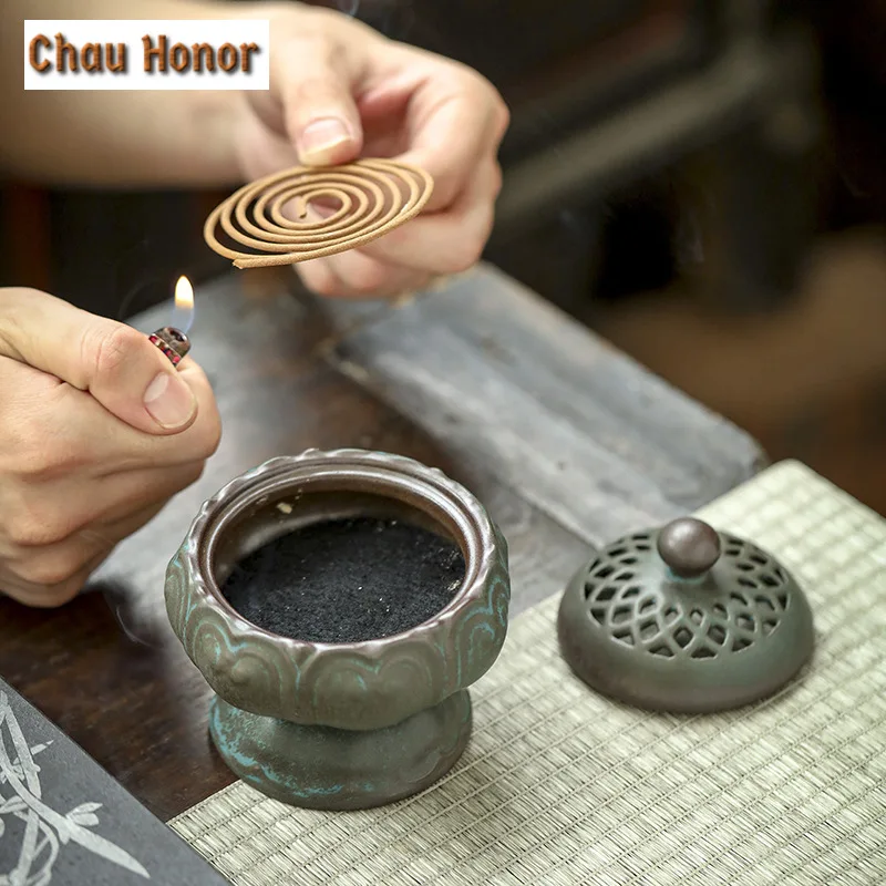 Zen Lotus Agarwood Ceramic Incense Burner Home Indoor Air Purification Furnace Antique Sandalwood Plate Burner Decoration Crafts