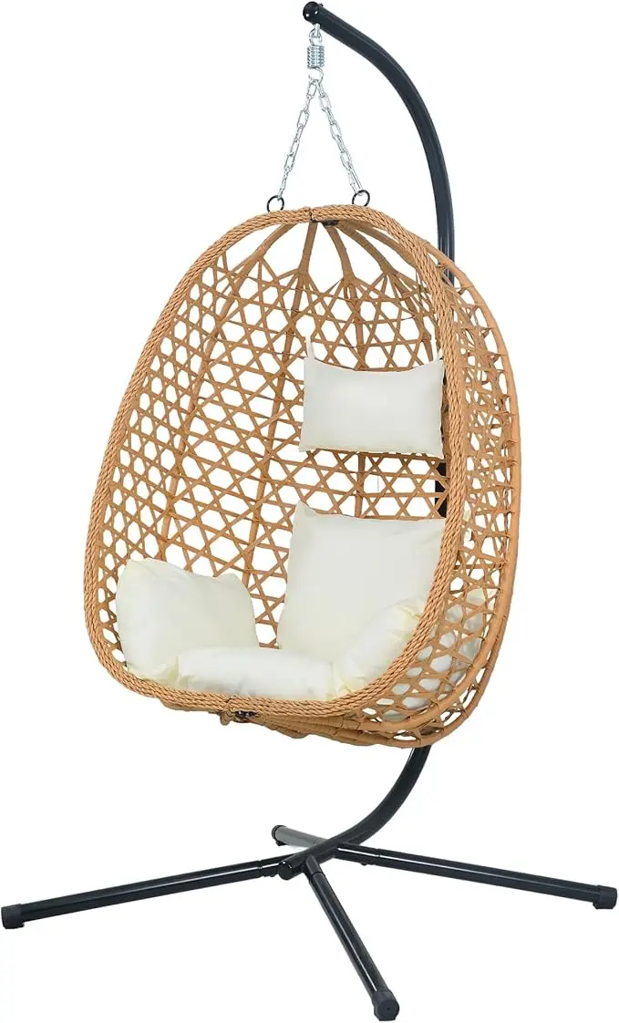 Hanging Egg Chair with Cushions Comfortable Chair with Stand for Patio Stylish and Relaxing 350LBS Capacity Indoor Outdoor Beige