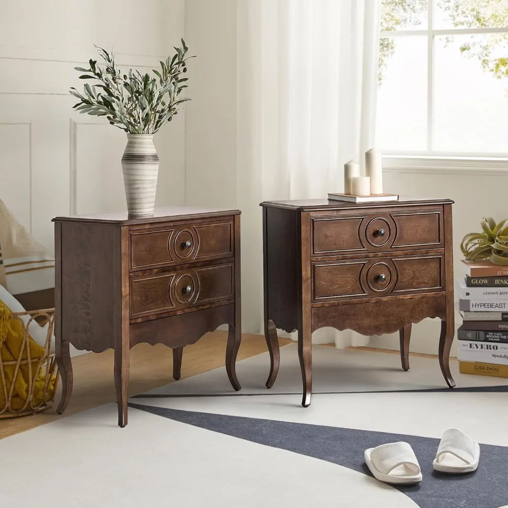 Wood Nightstand with Charging Station, 3 Drawer Tall Walnut Nightstand, Bedside Table with Hidden Drawer