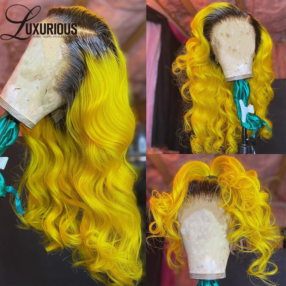 

Luxurious Gluless Wear And Go Ombre Neon Yellow Lace Front Wig Human Hair Transparent 13x4 HD Lace Frontal Wigs For Women