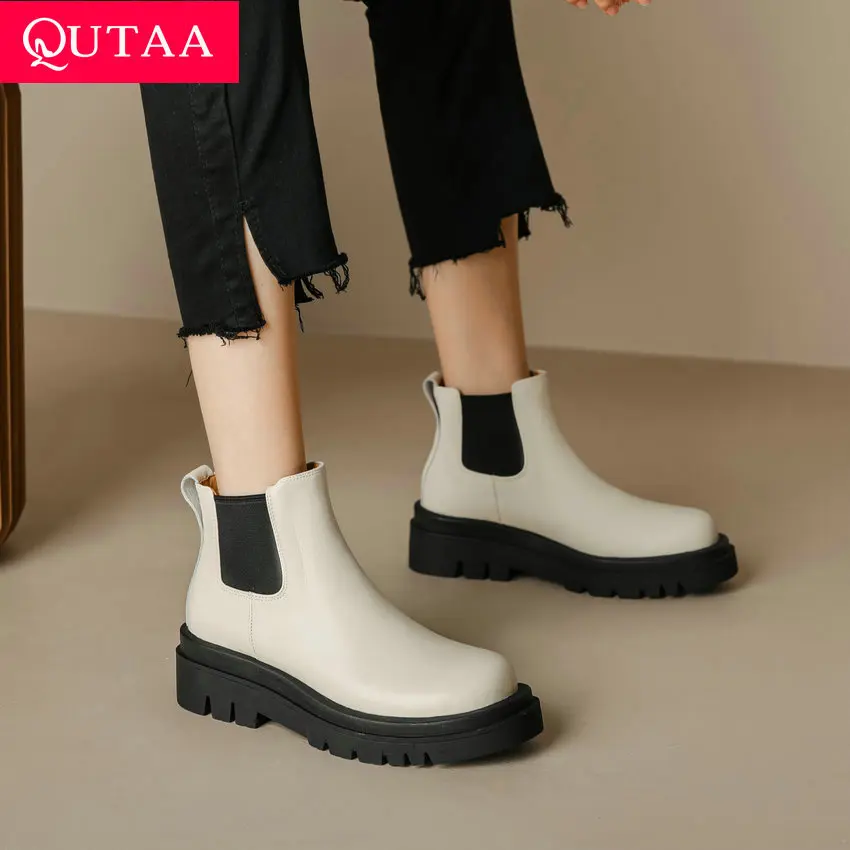 

QUTAA 2024 Platforms Leisure Women Ankle Boots Chelsea Autumn Winter Round Toe Genuine Leather Shoes Woman Casual Size 34-40