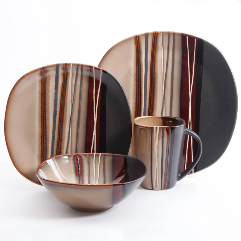 Bazaar Dinnerware, Brown, Set of 16 Dinner Set Plates and Dishes 1