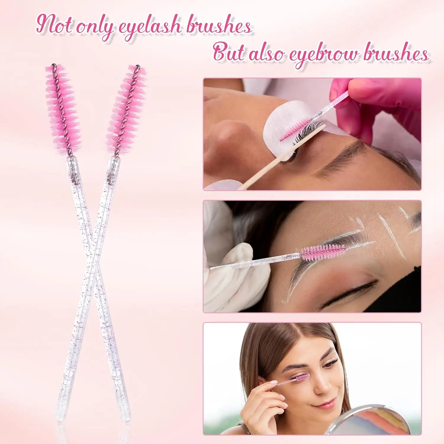 100 PCS Disposable Eyelash Brushes,Pink Eyelash Spoolies, Pink Crystal Mascara Wands, Eyelash Extension Brush Applicator