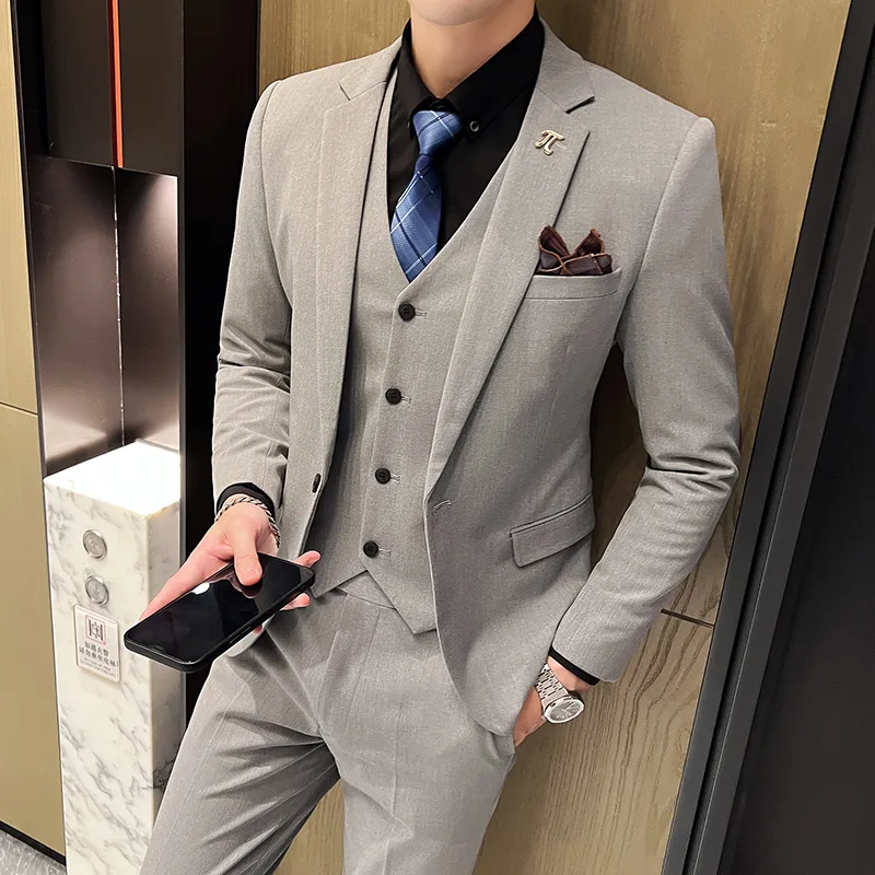 

5XL ( Jacket + Vest + Pants ) Retro Gentleman Classic Fashion Solid Mens Formal Business Slim Suit 3Pces Set Groom Wedding Dress