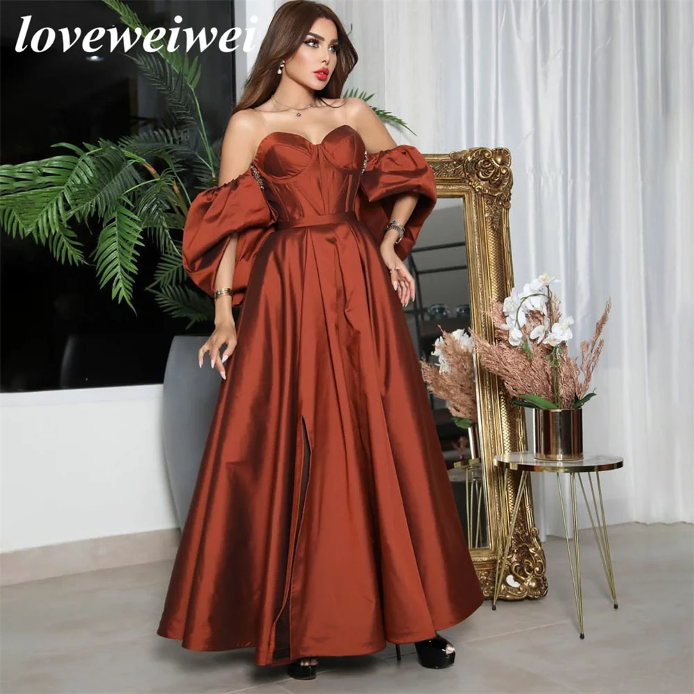 

Loveweiwei Sweetheart Satin Prom Dresses A-Line Strapless Detachable Puff Sleeves Ankle Length Zipper Back Evening Party Gown