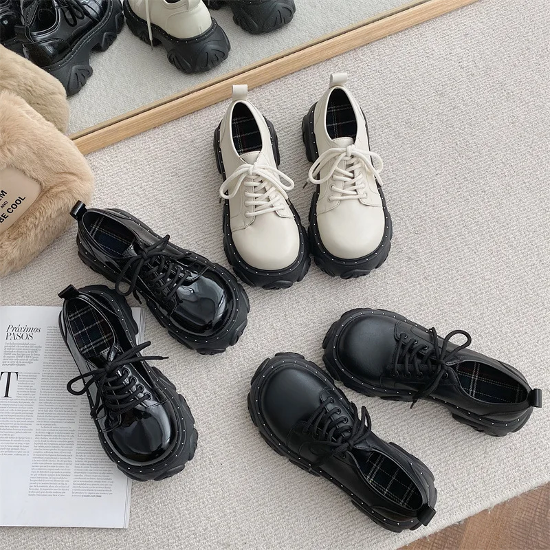 

Classic Black Chunky Platform Oxford Shoes for Women 2023 Spring Autumn Thick Bottom PU Leather Casual Shoes Woman Lace Up Flats