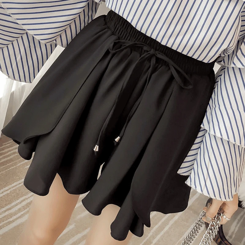 Summer Oversized Loose Solid Color Simplicity Wide Leg Elastic Waist Spliced Drawstring Commute Women's Clothing Chiffon Shorts