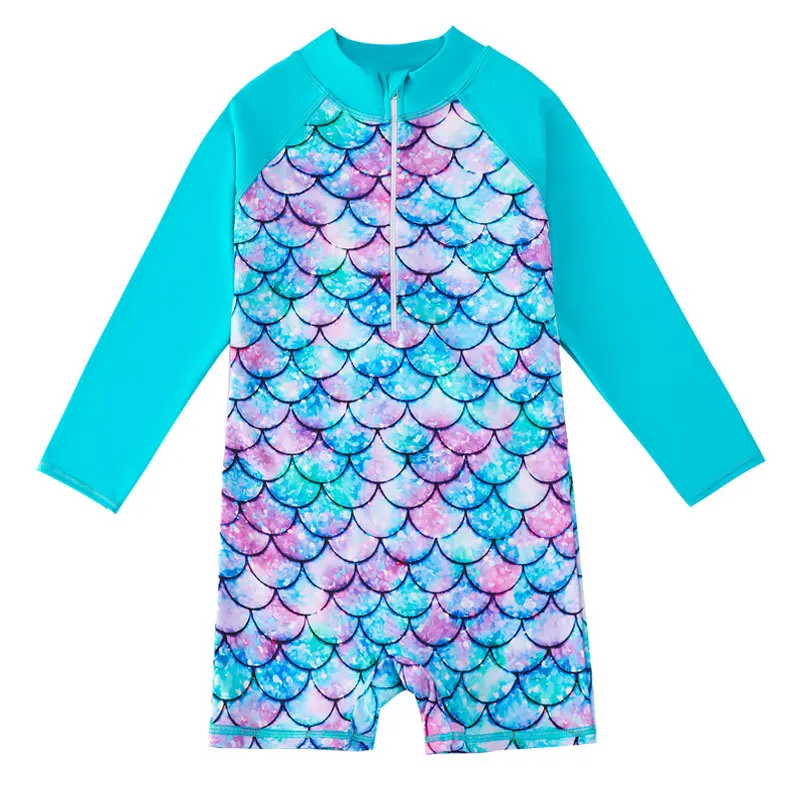 2024 Summer Girls Mermaids Long Sleeves Round Neck One-piece Swimsuit For 4-12Years Children Fish Scale 3D Print Bathing Suit 5