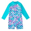 2024 Summer Girls Mermaids Long Sleeves Round Neck One-piece Swimsuit For 4-12Years Children Fish Scale 3D Print Bathing Suit 5