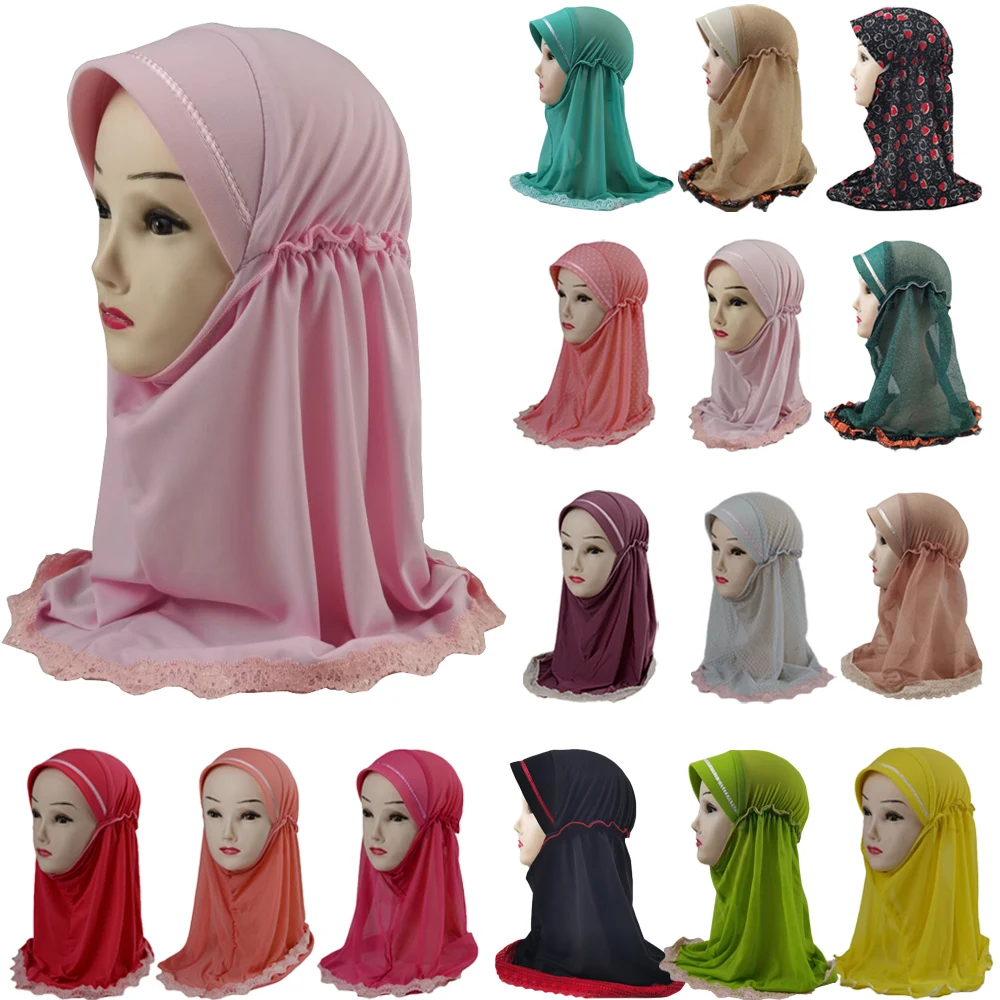 

2-6 Years Kids Girls Instant Scarf Muslim Hijab Overhead Shawls Wrap Turban Pull On Ready Made To Wear Islamic Headscarf Hat Cap