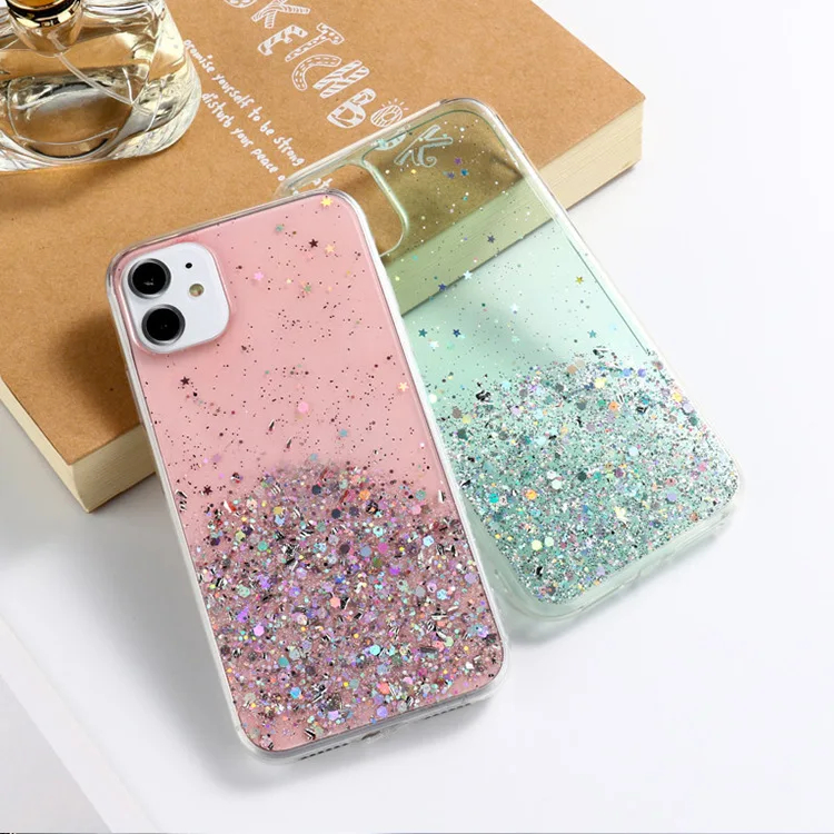per Oppo A78 A58 A57 A17 Reno 10 9 7 8T Pro Plus Find X5 Custodia in lamina d'argento Paillette Epossidica Cover morbida trasparente Anticaduta Fundas_voghion.com