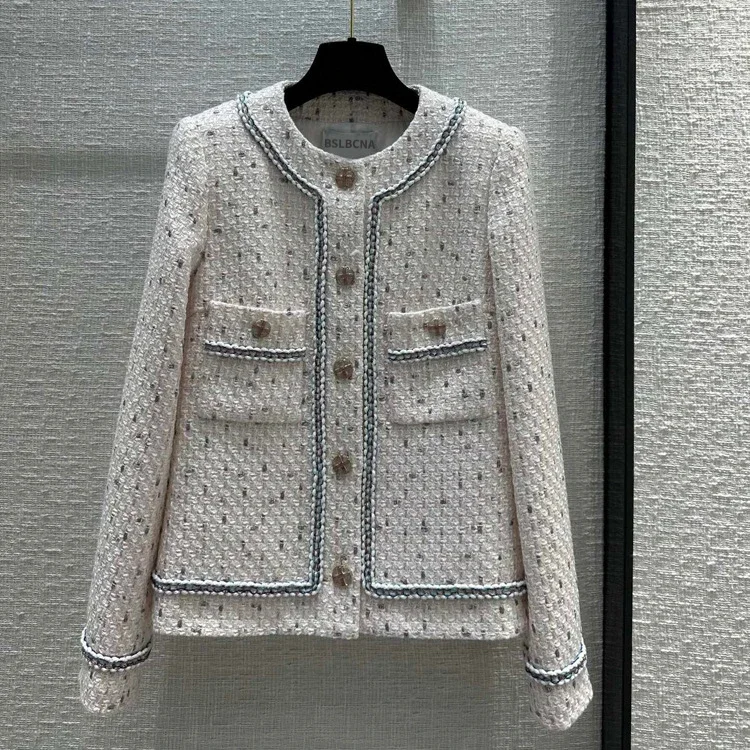 

Korean O-neck Fashion Single-breasted New Arrival Pink/white Tweed Coat Women Weave Jacket Outwear Women Tops Casaco Feminino