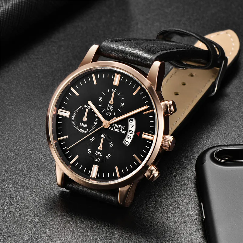 XINEW Original Brand Cheap Watches For Men Fashion Leather Band Simple Date Quartz Watch Erkek Barato Saat Relogio Masculino
