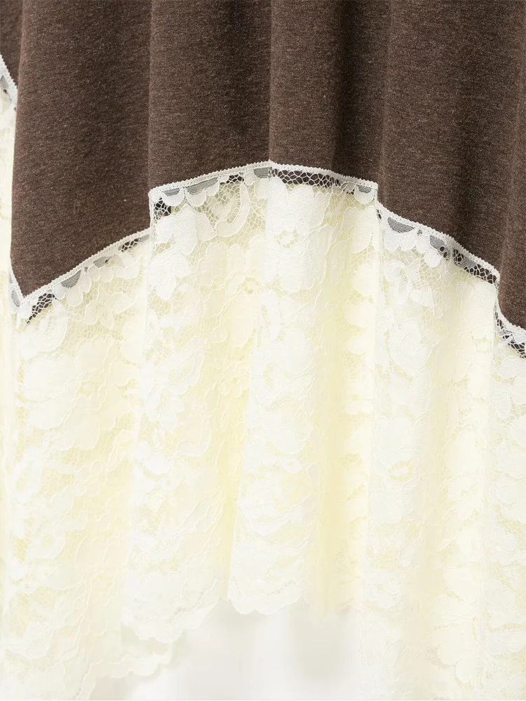 New Women's Sleeveless Long Dresses Solid Lace Spliced Turtleneck Slim Fit Knitted Dress Streetwear Elegant Fashion Lady Outfit