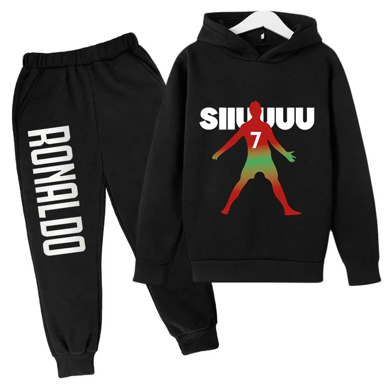 

Ronaldo pattern printed children's clothing 2-piece autumn and winter velvet hoodie leggings set