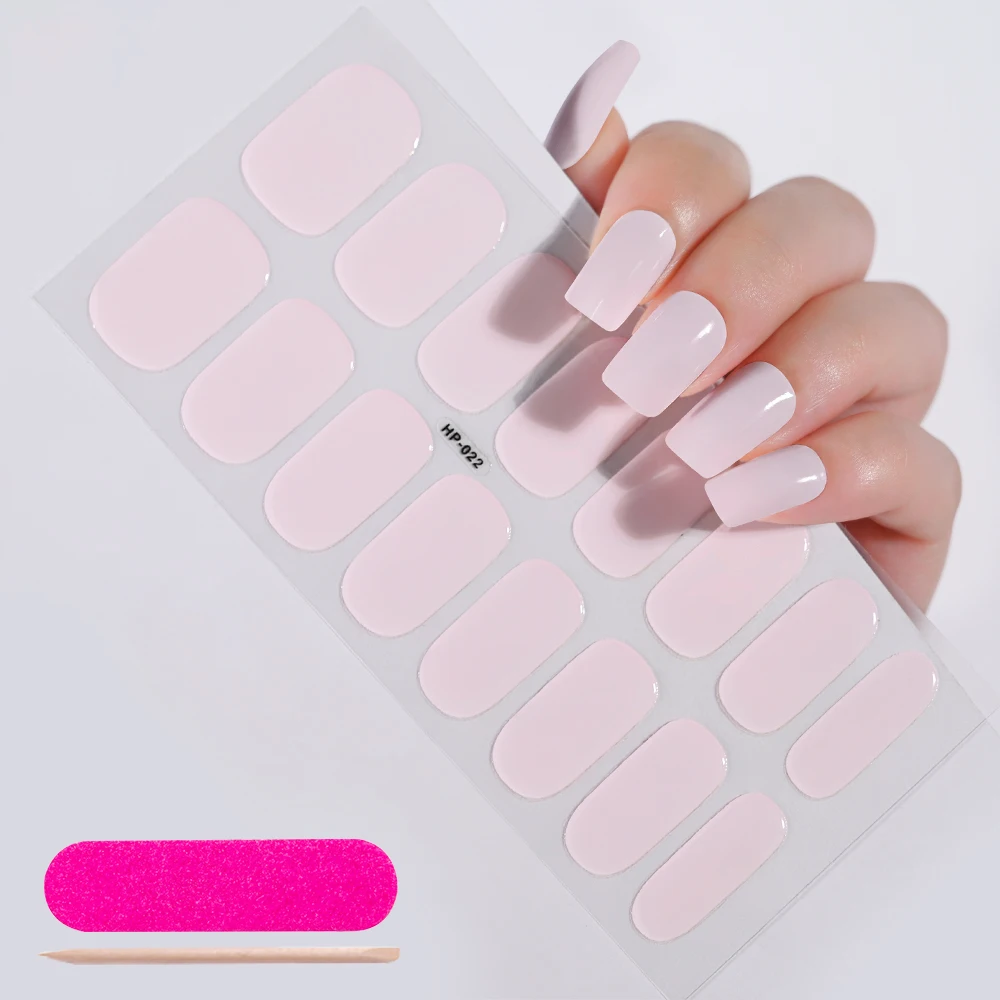 16Tips Soild Color Nude Pink Semi-Cured Gel Nail Sticker Long-Lasting UV Nail Sticker Full Cover UV/LED Extension Gel Foil nail stickers