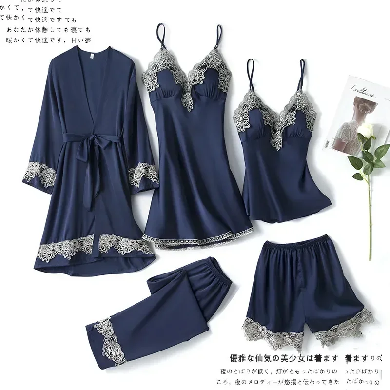 

Spring Summer Silk Trim Pijamas Women Gown Lace Wear Nightgown Suit Home Sexy Pajamas Satin Bathrobe Loose Set