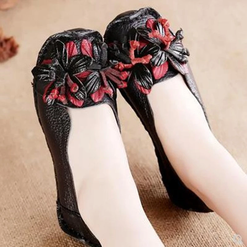 High Quality Spring National Style Genuine Leather Handmade Flower Women's Shoes Lady Soft Bottom Casual Flat Shoes Free Shippin