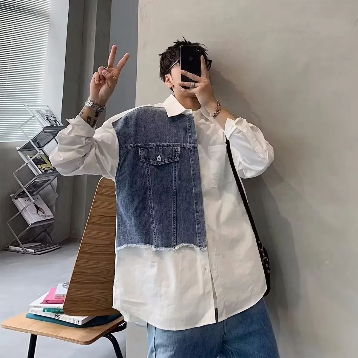 Retro American Spliced Color Denim Vest Jacket Men Spring Fashion Korean Loose Straight Tube Sleeveless Outerwear Shirt