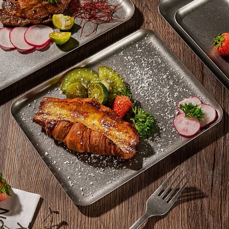 Dining Dish Steak Tray 304 Stainless Steel Antique Square Tray Creative Restaurant Display Dinner Plates Retro Style Dessert Barbecue Plate